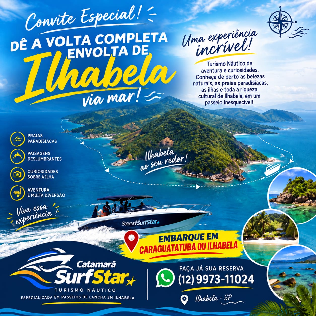 Convite para a volta completa em Ilhabela com a Catamará Surfstar