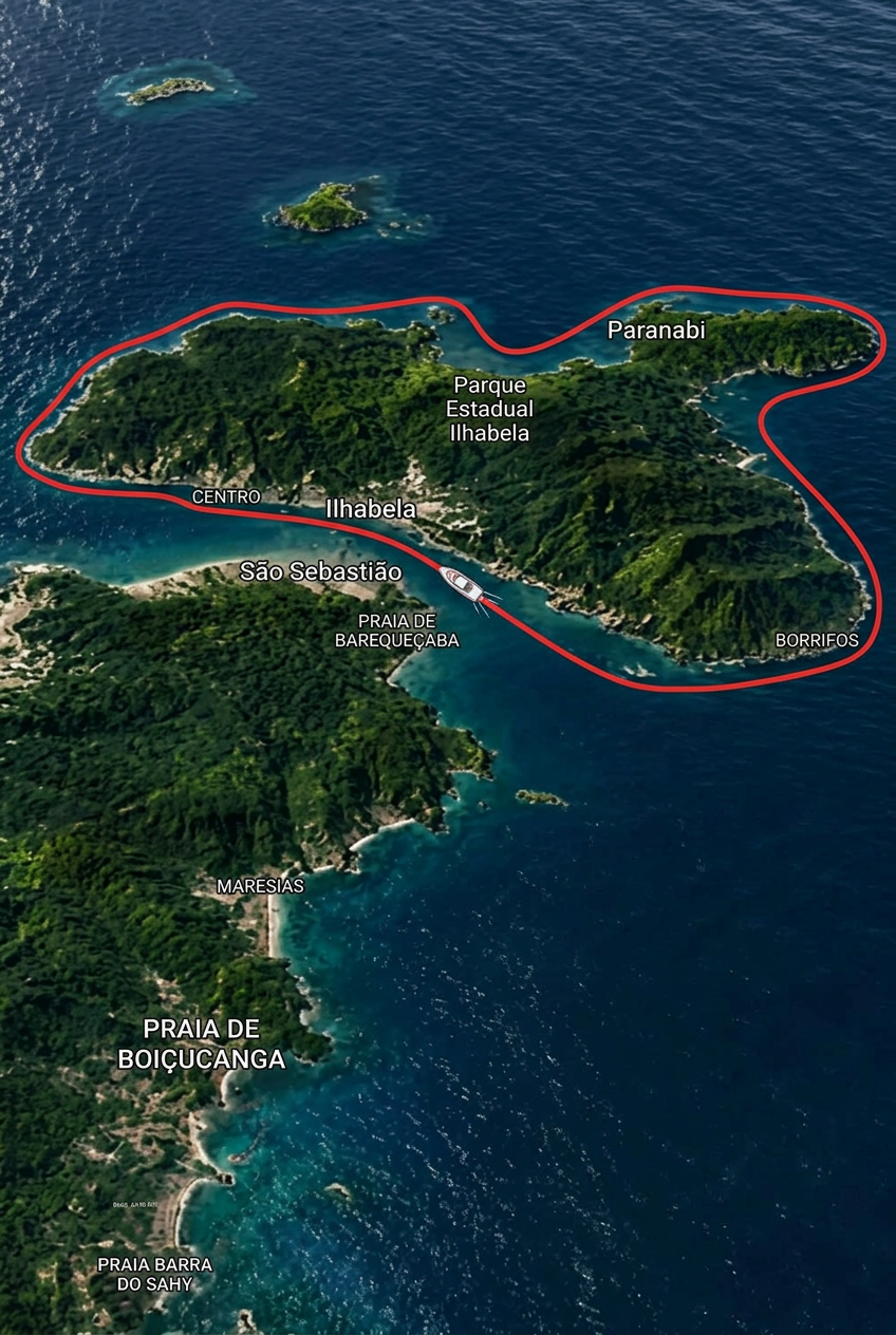 Imagem de satélite de Ilhabela com a rota exclusiva da volta completa contornando a ilha em vermelho